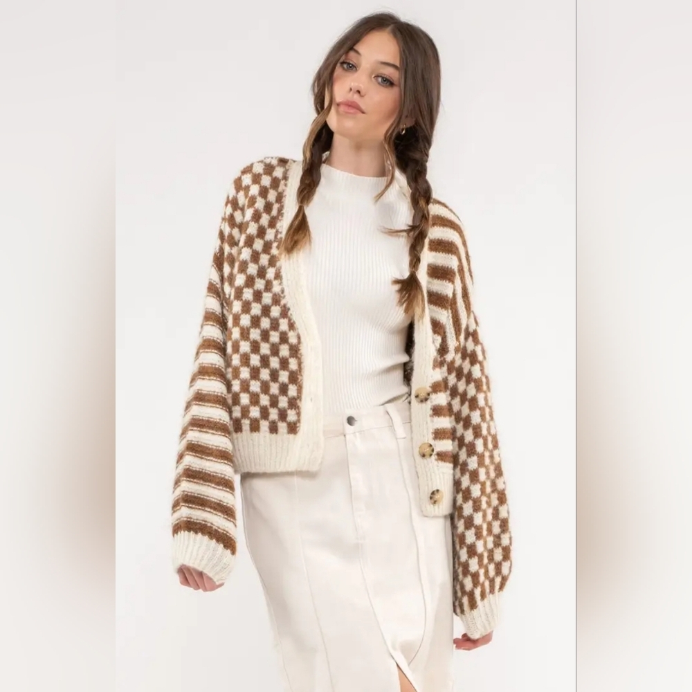 Blu Pepper Brown and Cream Checkered Cardigan